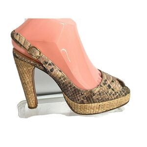 Stuart Weitzman for Scoop Snake Platform Heels Sandals Jute Straw Peep Toe Ankle